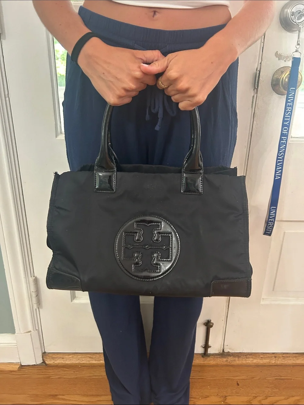 Tory Burch Black Nylon Tote with Patent Logo Trim